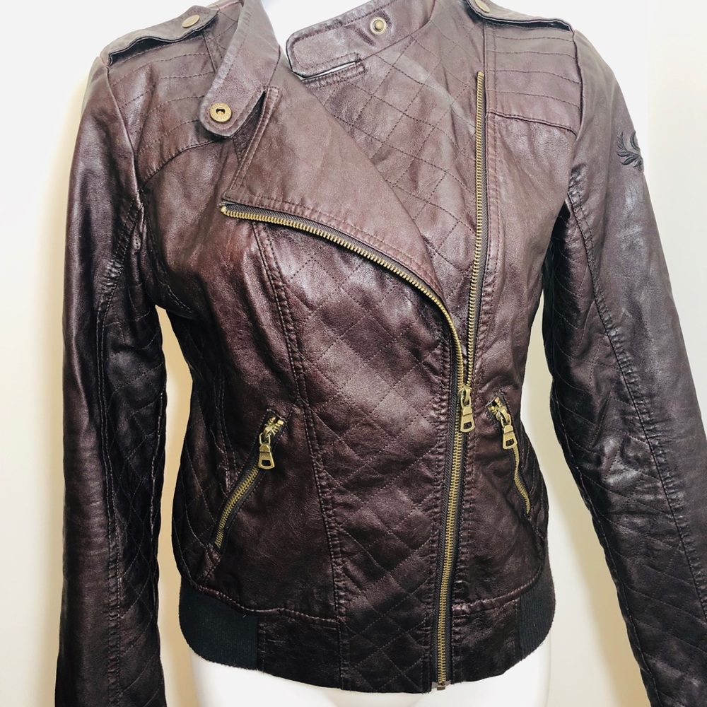 Guess Chocolate Leather Jacket with Gold Accents